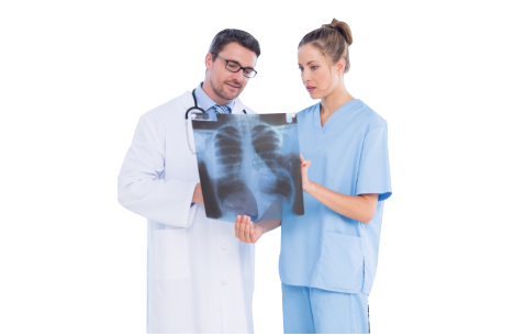 doctor and nurse discussing an x-ray result